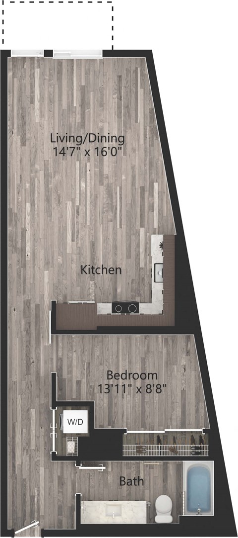 Floor plan for 1 bed, 1 bath, 787 sqft